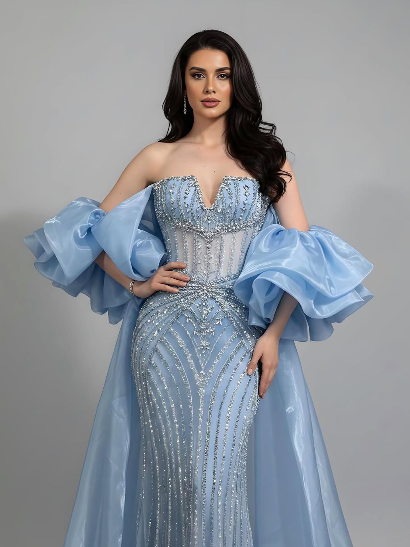 Luxury Light Blue Diamond Evening Dress With Ruffle Cape LA73141 - SERENE HILL