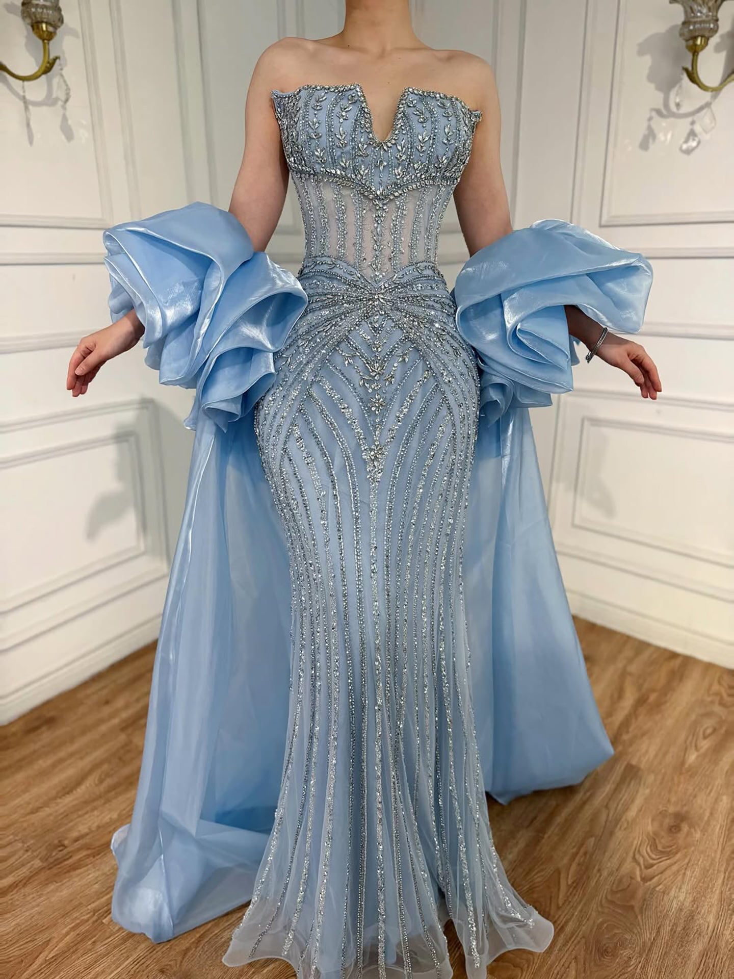 Luxury Light Blue Diamond Evening Dress With Ruffle Cape LA73141 - SERENE HILL