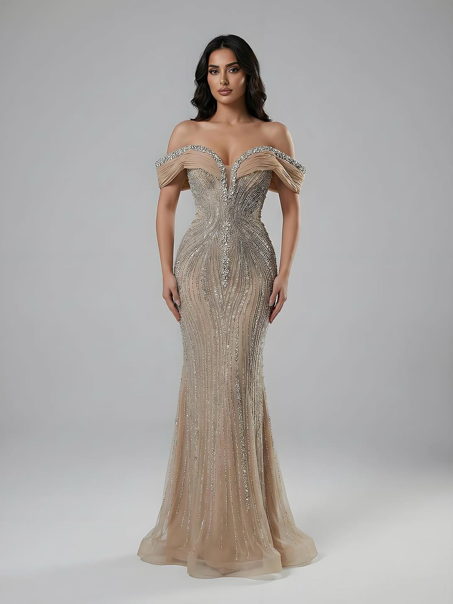 Luxury Green Gold Beaded Dubai Designer Mermaid Evening Dress LA73142