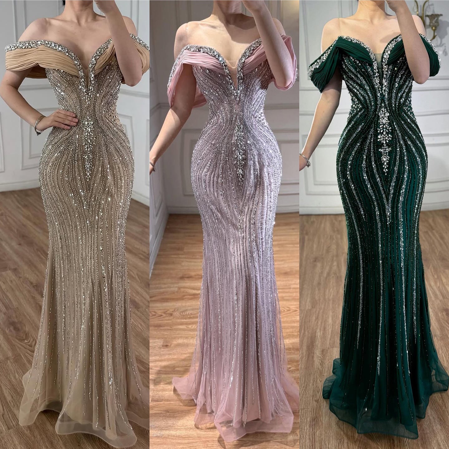 Luxury Green Gold Beaded Dubai Designer Mermaid Evening Dress LA73142