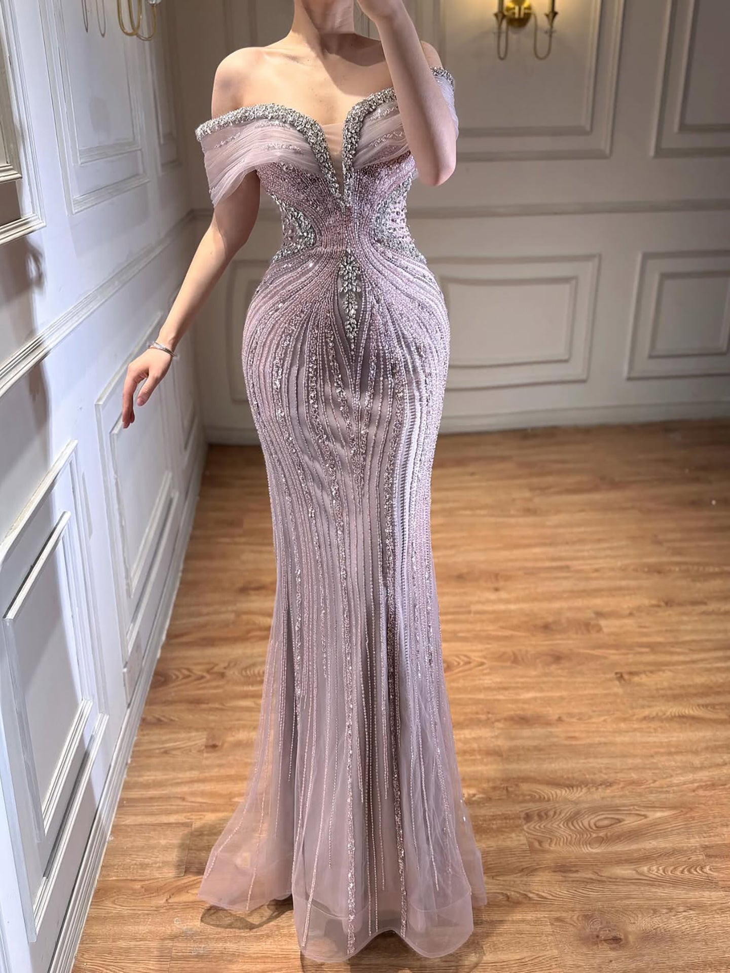 Luxury Saudi Arabic Gold Luxury Crystal Beaded Mermaid Evening Dress LA73142A - SERENE HILL