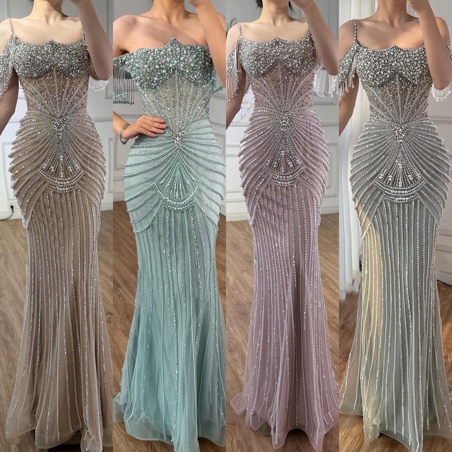 Luxury Sage Green Pearls Beaded Mermaid Evening Dress Off Shoulder LA73148 - SERENE HILL