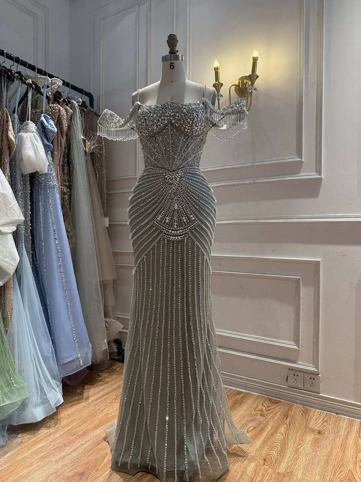 Luxury Sage Green Pearls Beaded Mermaid Evening Dress Off Shoulder LA73148