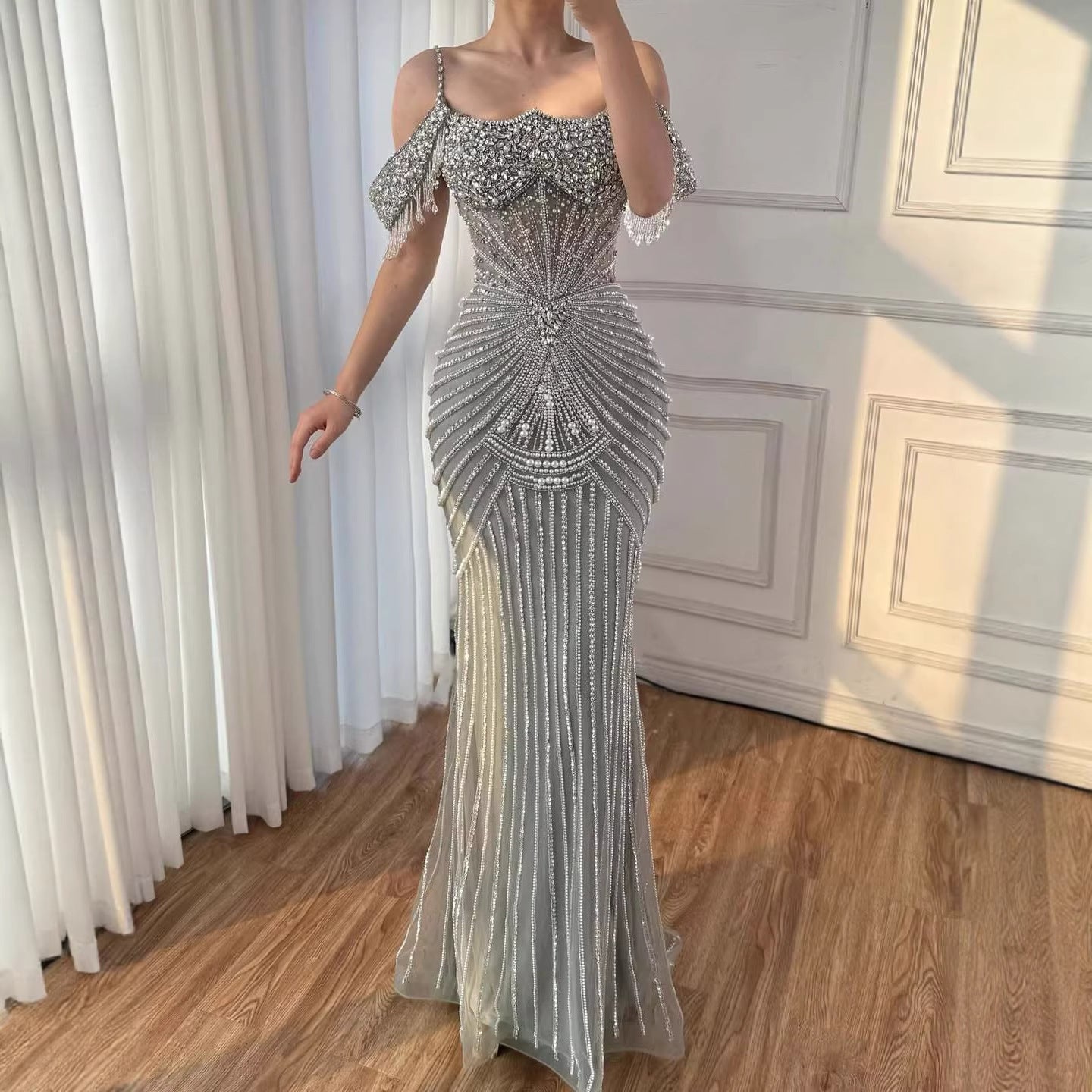 Luxury Sage Green Pearls Beaded Mermaid Evening Dress Off Shoulder LA73148 - SERENE HILL