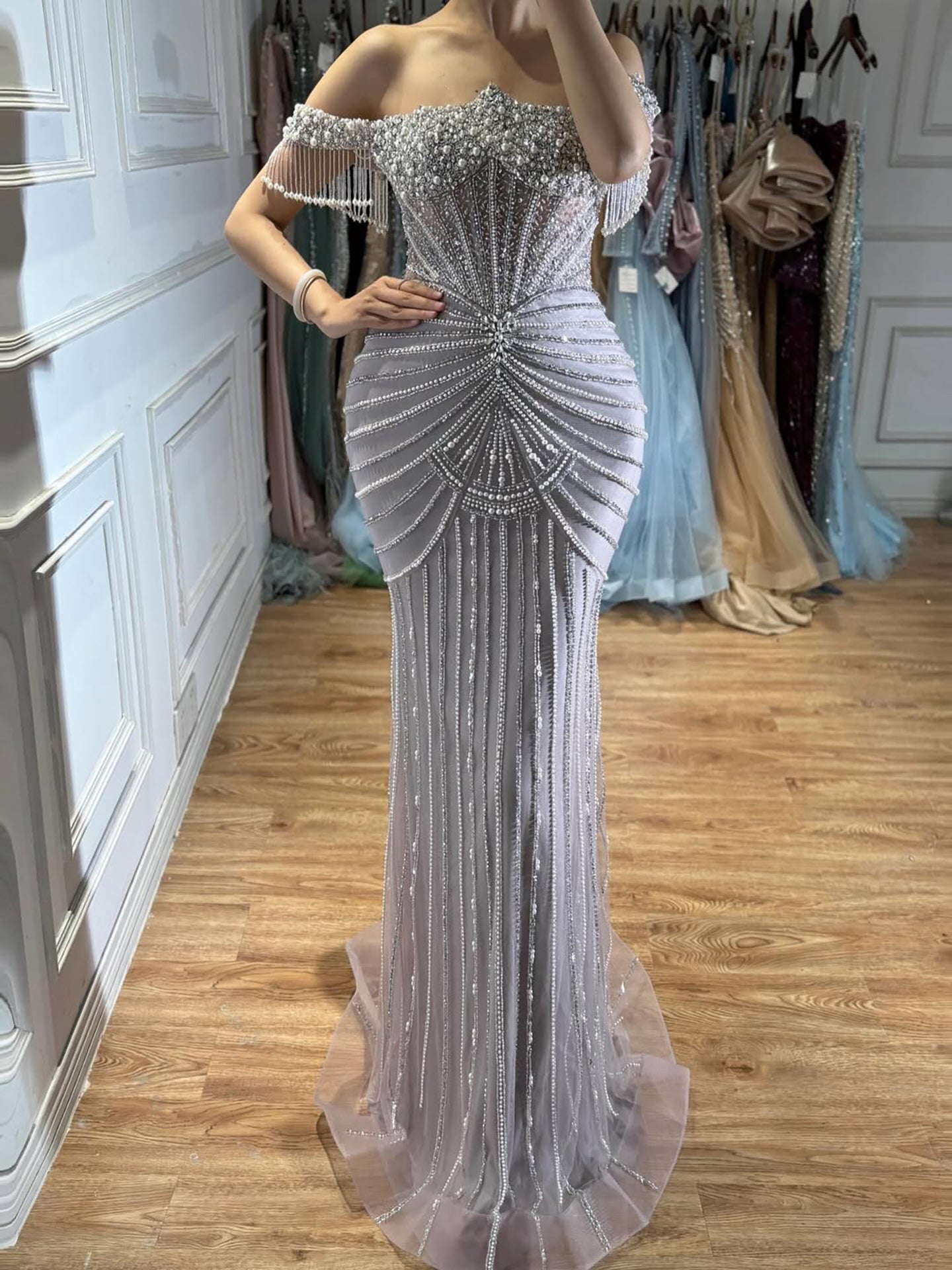 Luxury Sage Green Pearls Beaded Mermaid Evening Dress Off Shoulder LA73148
