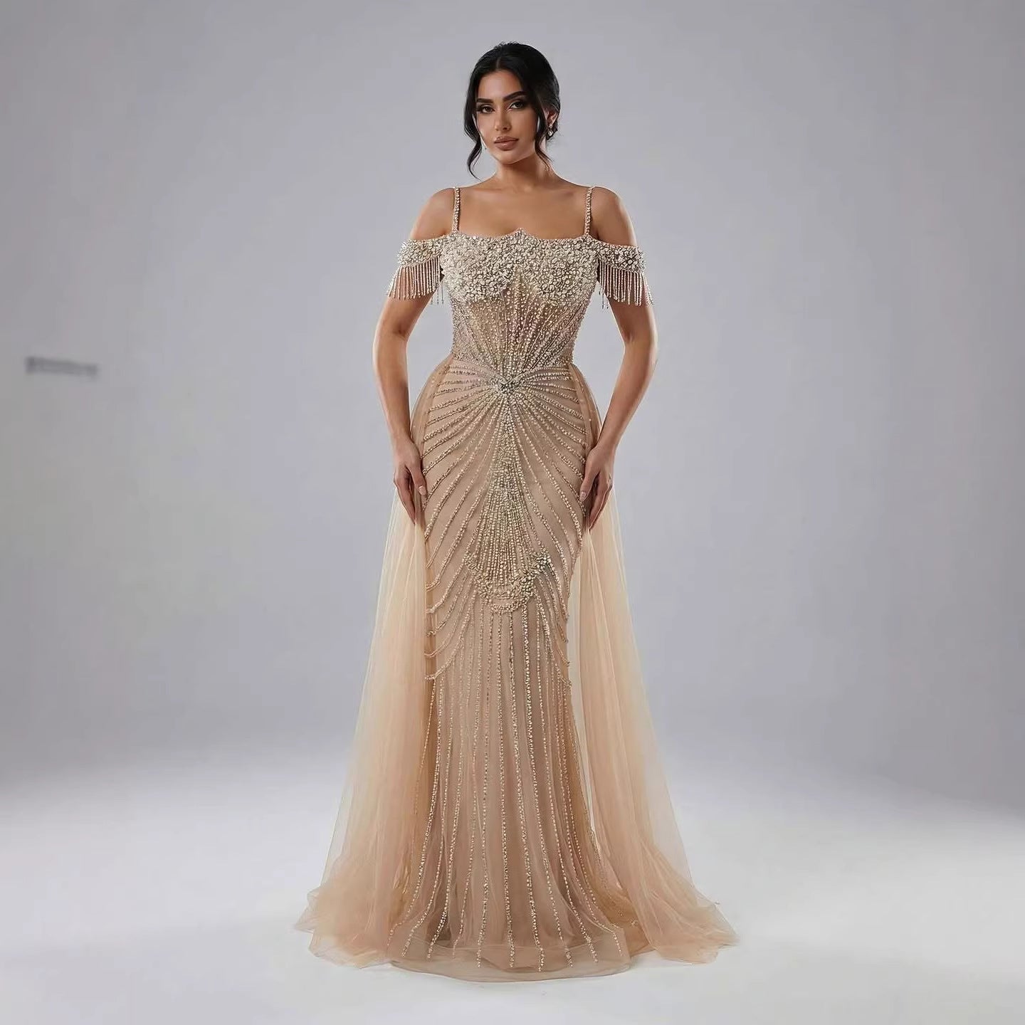 Luxury Nude Pearls Beaded Mermaid Evening Dress Off Shoulder With Skirt LA73148B - SERENE HILL
