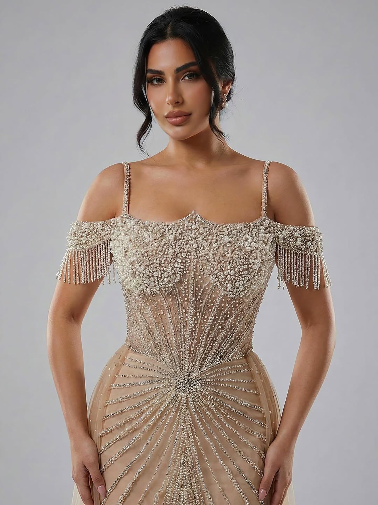 Luxury Nude Pearls Beaded Mermaid Evening Dress Off Shoulder With Skirt LA73148B - SERENE HILL