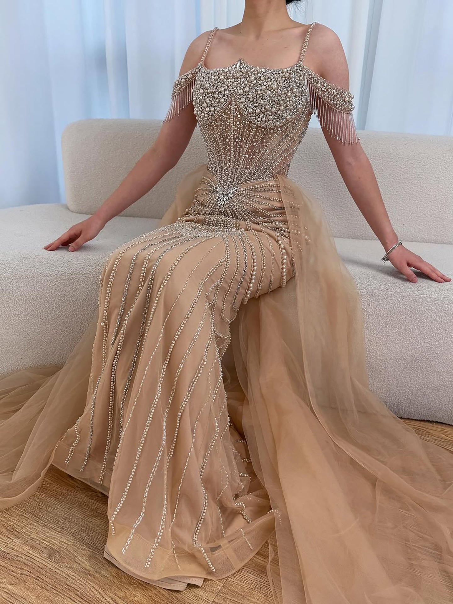 Luxury Nude Pearls Beaded Mermaid Evening Dress Off Shoulder With Skirt LA73148B - SERENE HILL