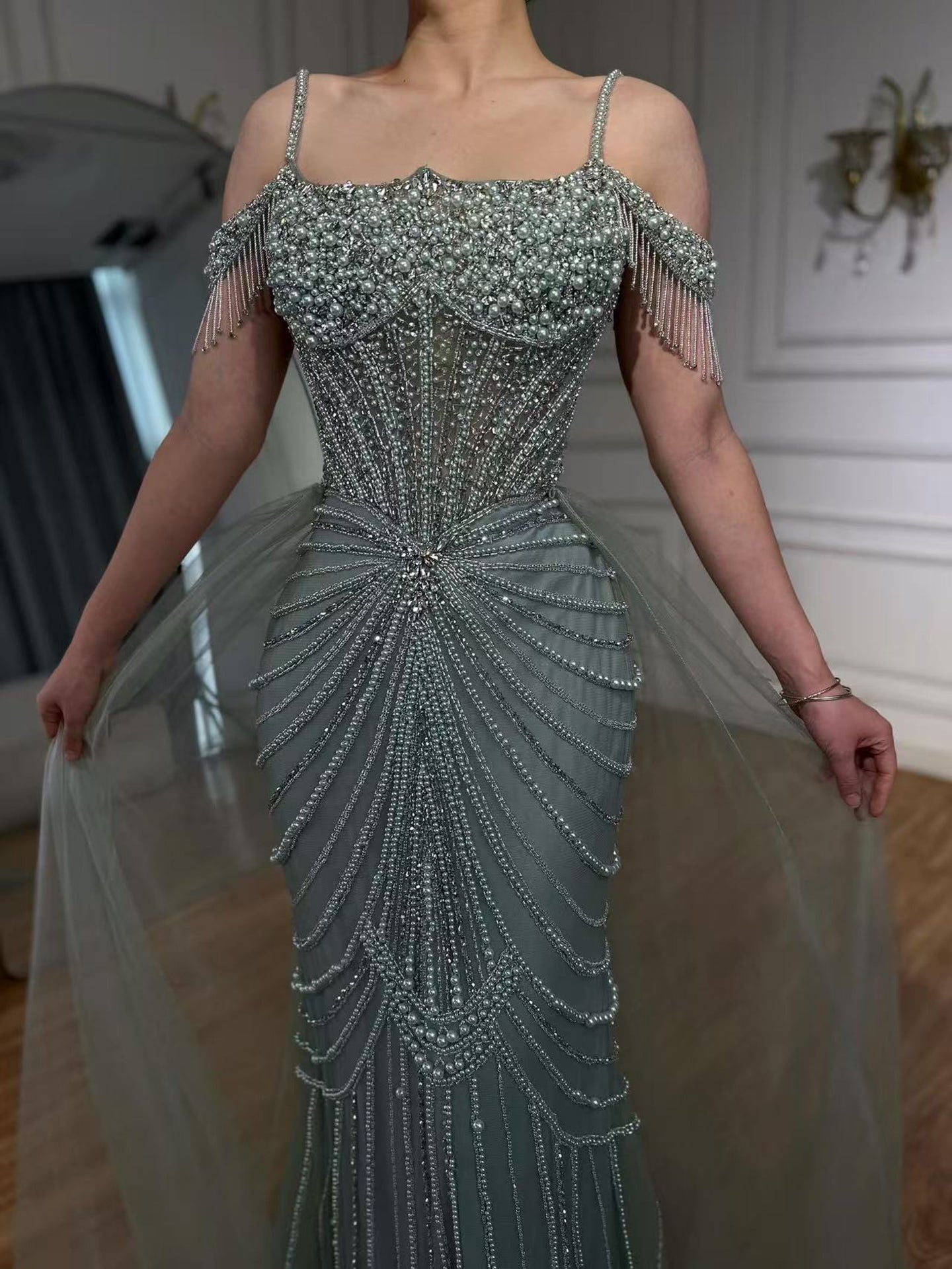 Luxury Nude Pearls Beaded Mermaid Evening Dress Off Shoulder With Skirt LA73148B - SERENE HILL