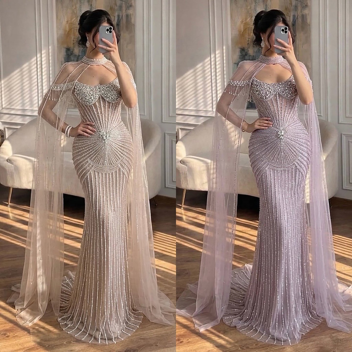 Luxury Nude Pearls Beaded Mermaid Evening Dress with Cape Sleeves LA73148C