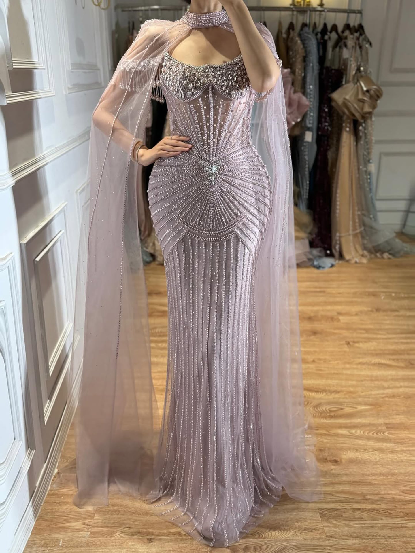 Luxury Nude Pearls Beaded Mermaid Evening Dress with Cape Sleeves LA73148C