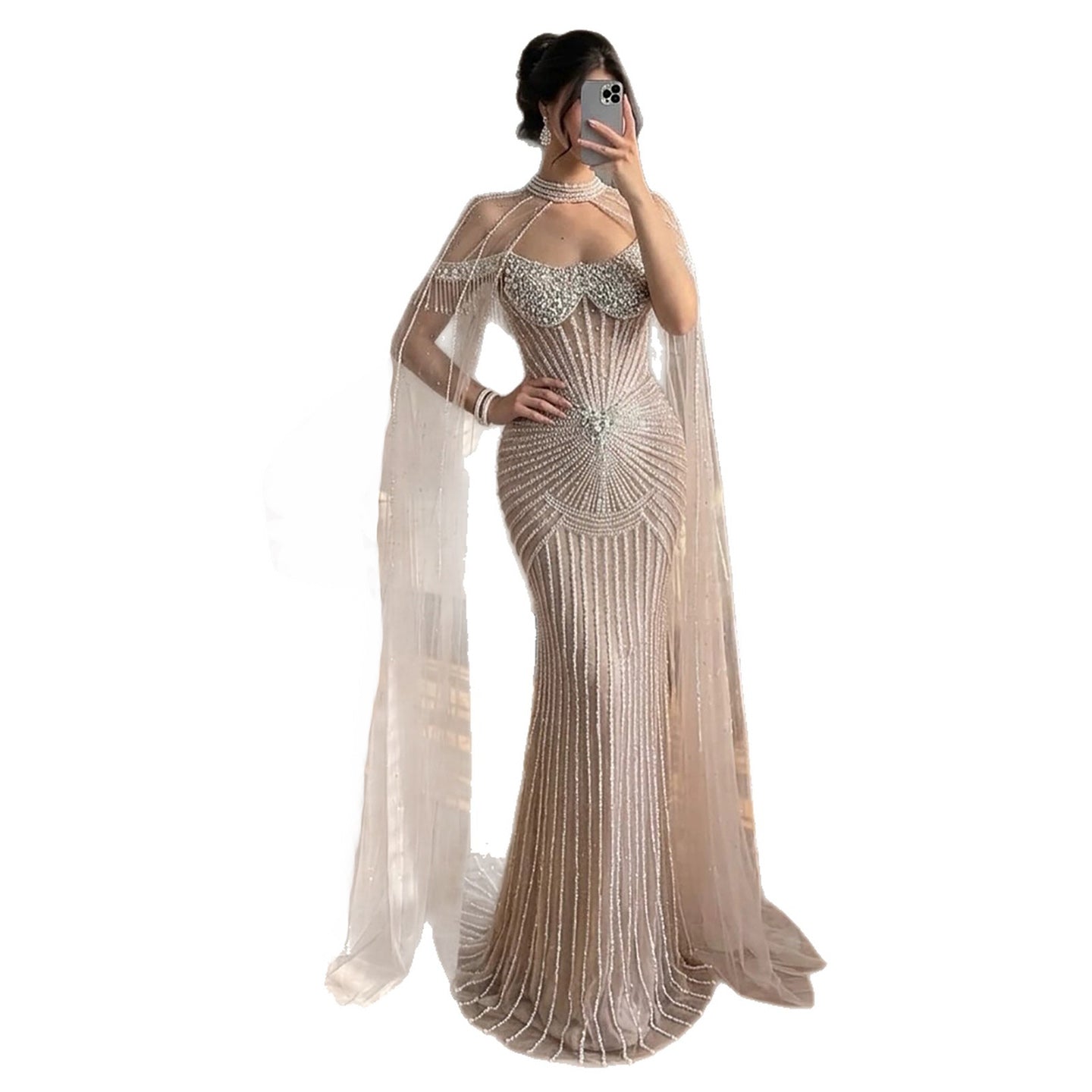 Luxury Nude Pearls Beaded Mermaid Evening Dress with Cape Sleeves LA73148C