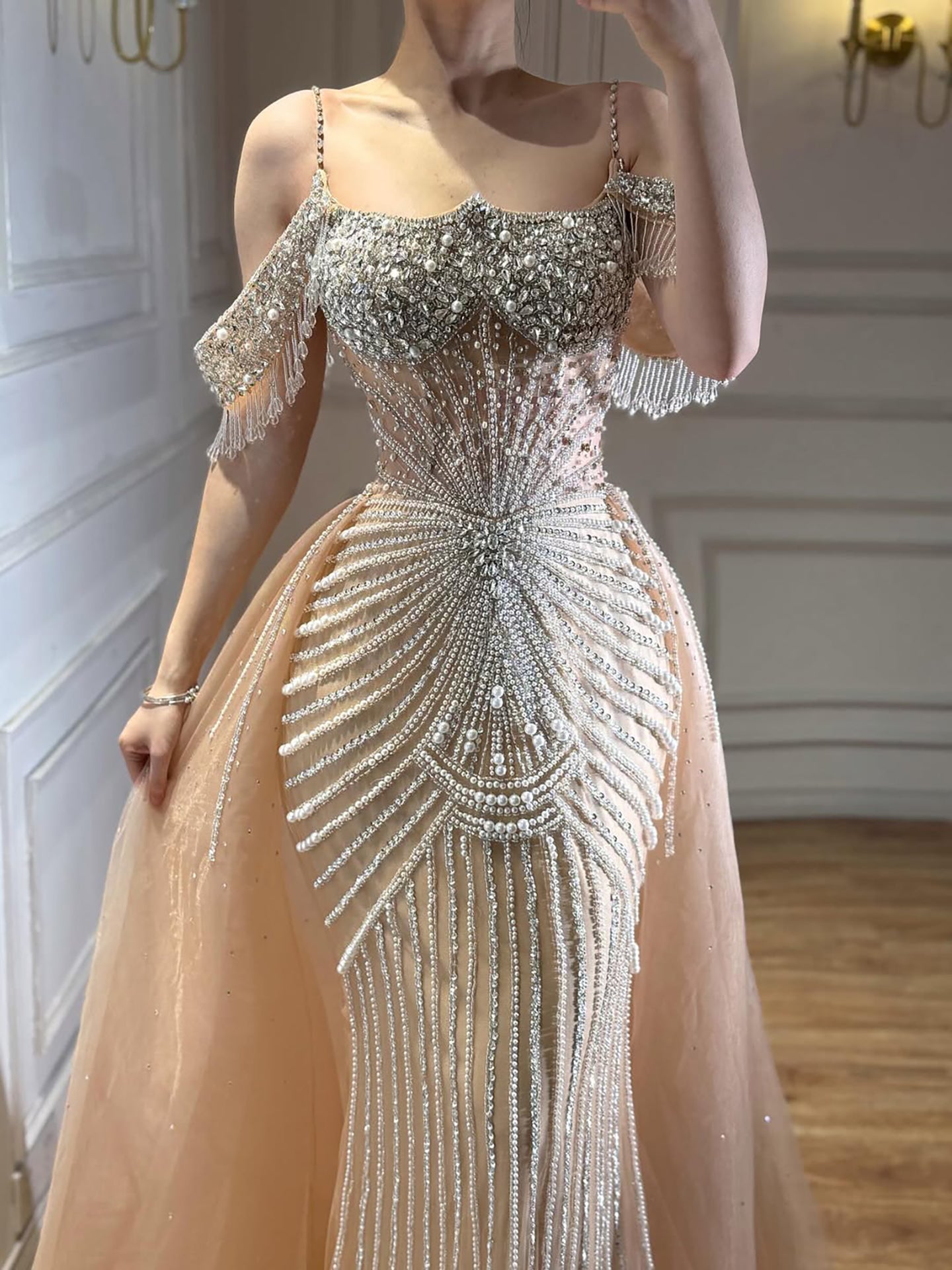 Luxury Nude Pearls Beaded Off Shoulder Mermaid Evening Dress LA73148D - SERENE HILL