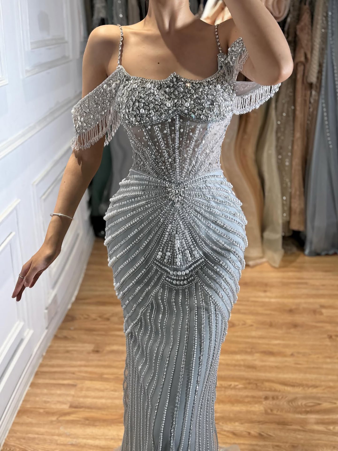 Luxury Nude Crystal Beaded Off Shoulder Mermaid Dress LA73148E SERENE HILL