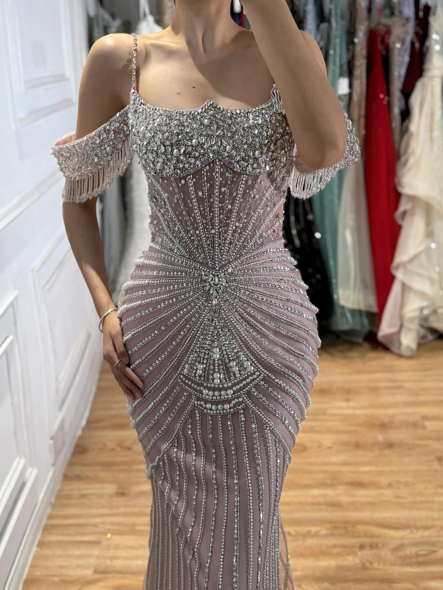 Luxury Nude Crystal Beaded Off Shoulder Mermaid Dress LA73148E SERENE HILL