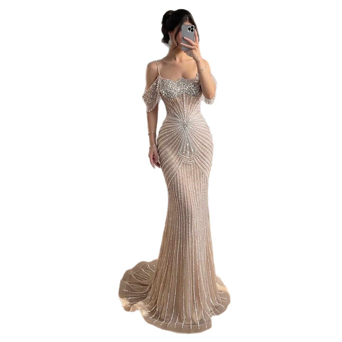 Luxury Nude Crystal Beaded Off Shoulder Mermaid Dress LA73148E SERENE HILL