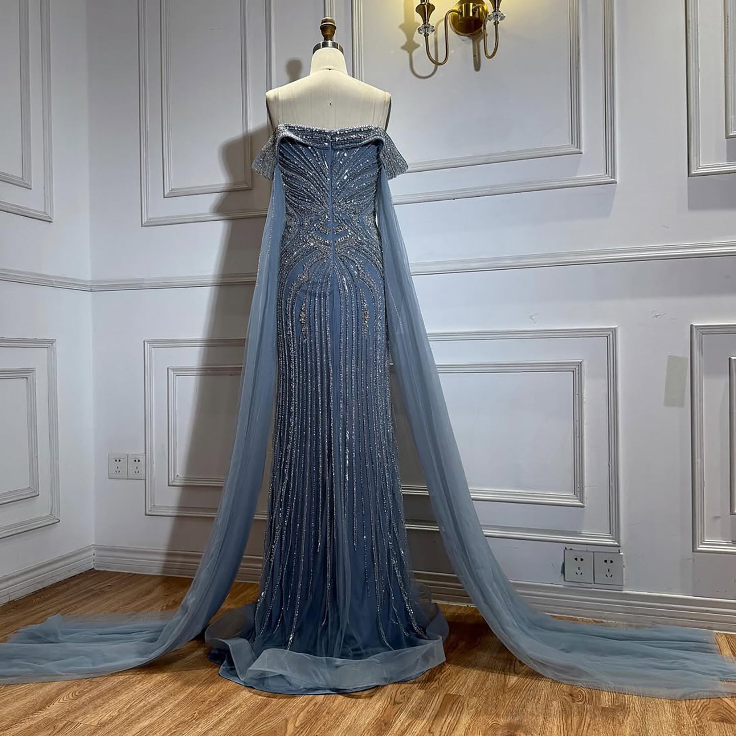 Luxury Blue Beaded Cape Sleeve Saudi Arabic Evening Dress LA73151 - SERENE HILL