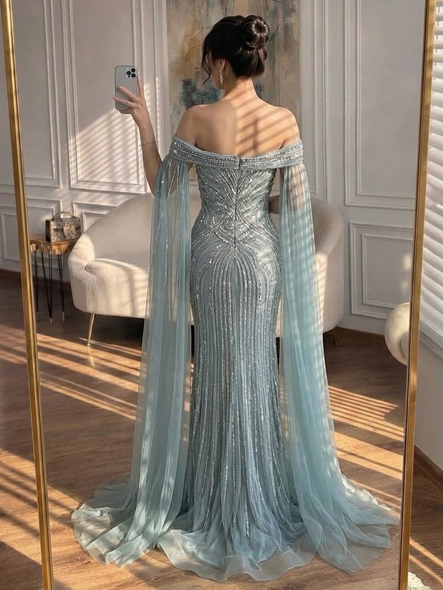Luxury Blue Beaded Cape Sleeve Saudi Arabic Evening Dress LA73151