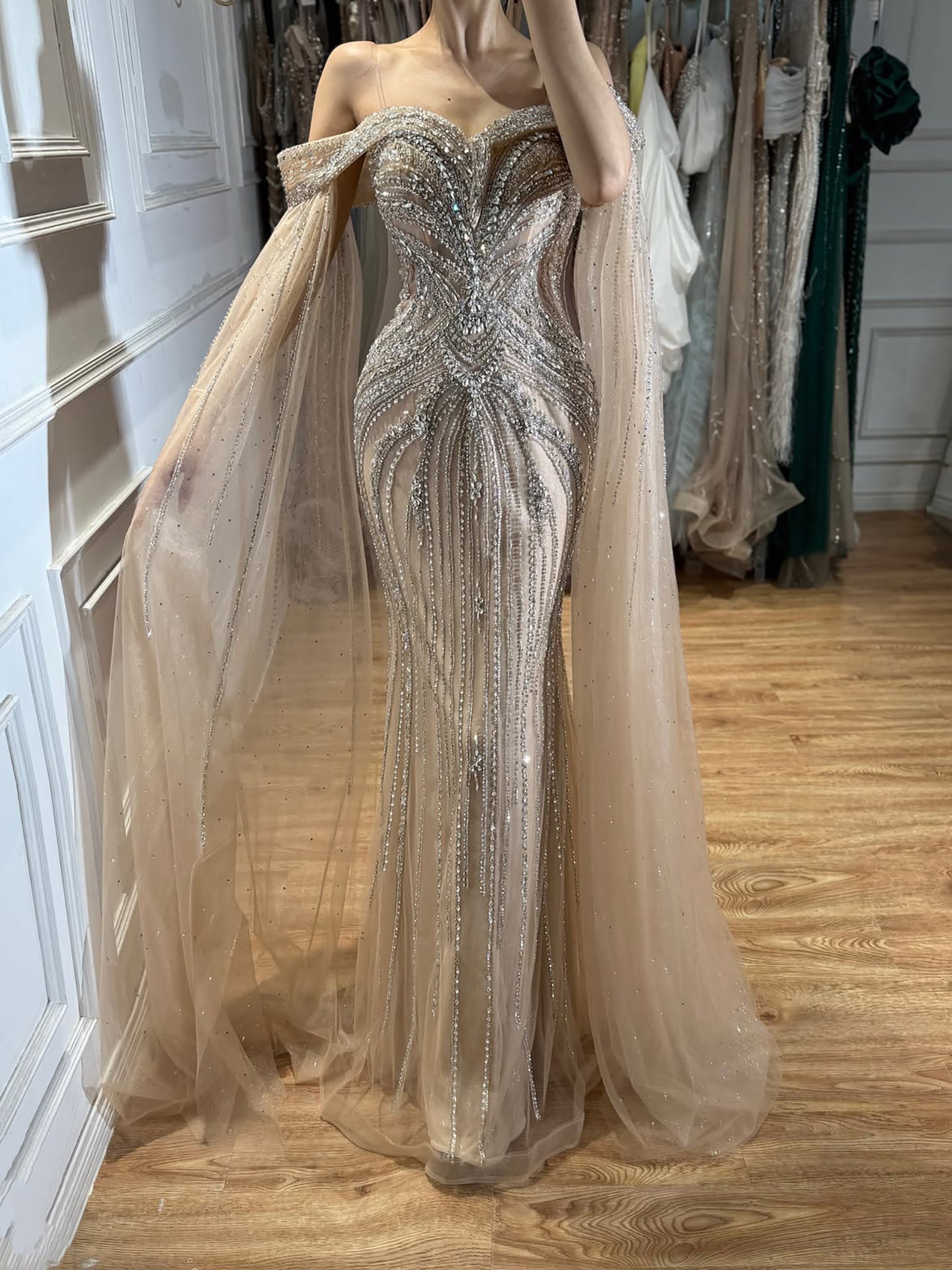 Luxury Pink Beaded Evening Dress with Cape Sleeves LA73151A SERENE HILL