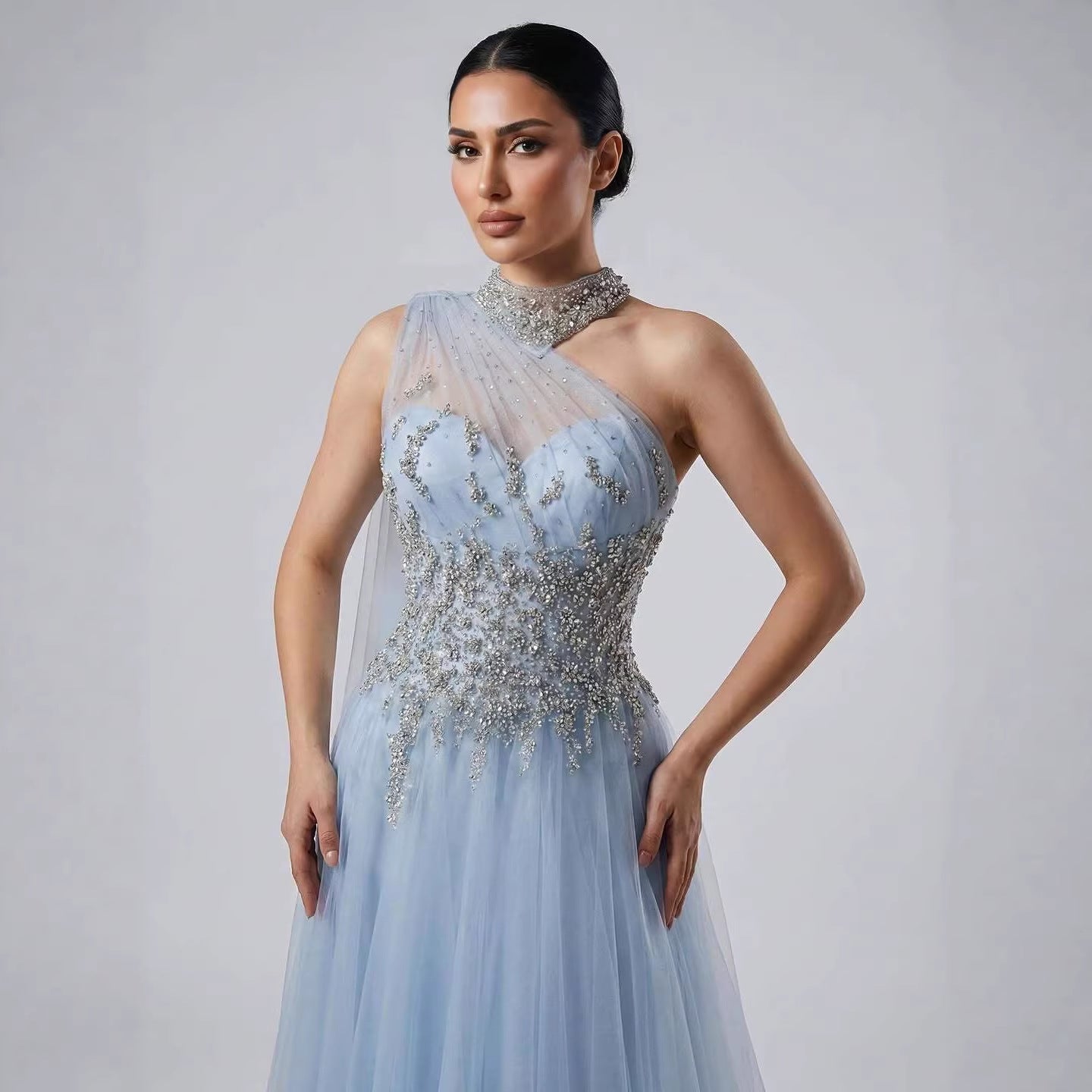 Luxury Nude A Line One Shoulder Beaded Evening Dress LA73154 - SERENE HILL