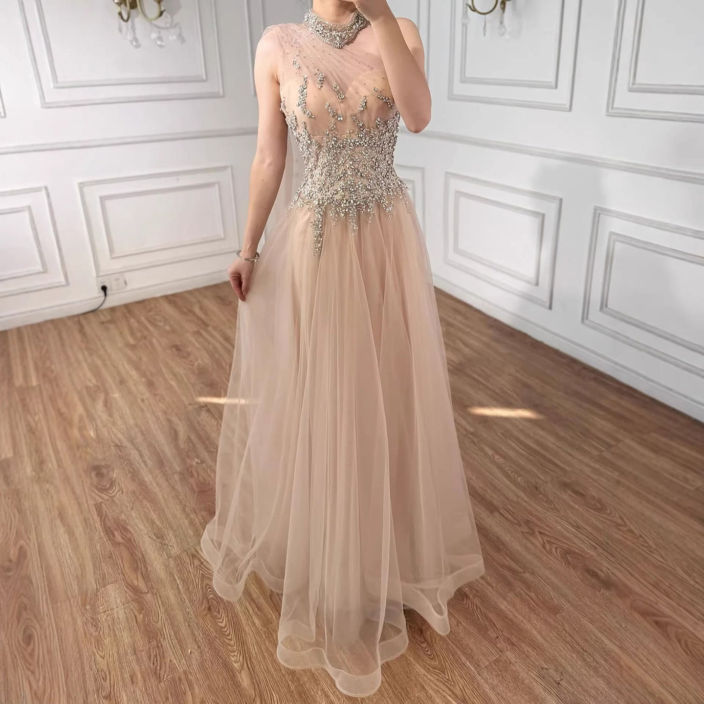Luxury Nude A Line One Shoulder Beaded Evening Dress LA73154 - SERENE HILL