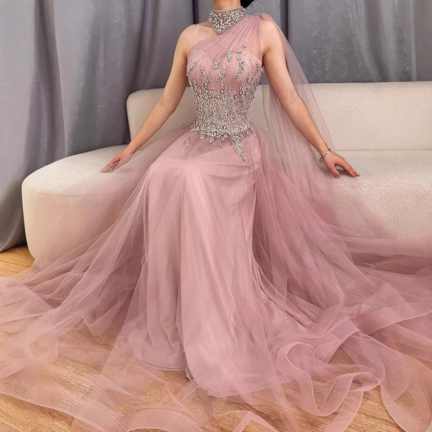 Luxury Nude A Line One Shoulder Beaded Evening Dress LA73154 - SERENE HILL