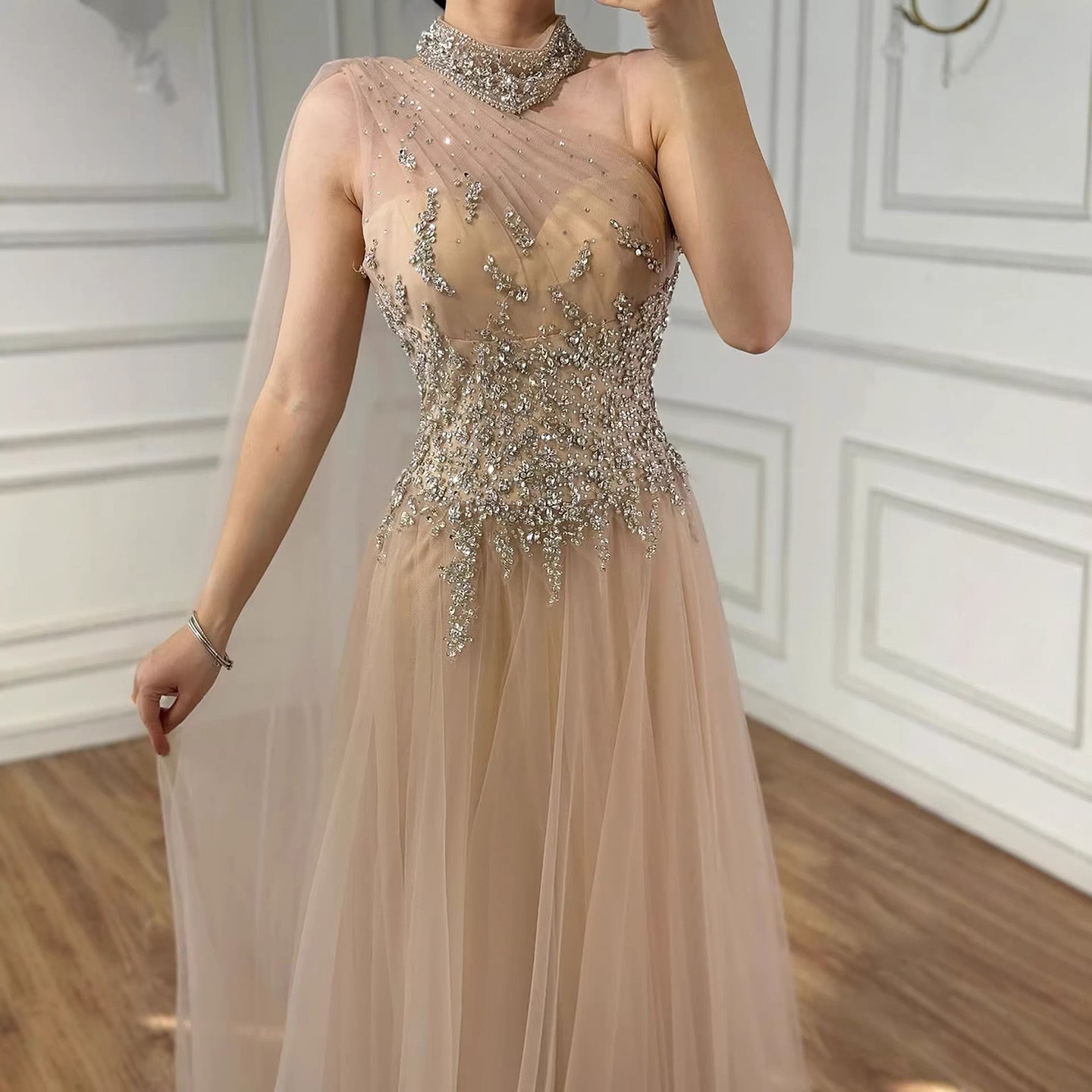 Luxury Nude A Line One Shoulder Beaded Evening Dress LA73154 - SERENE HILL