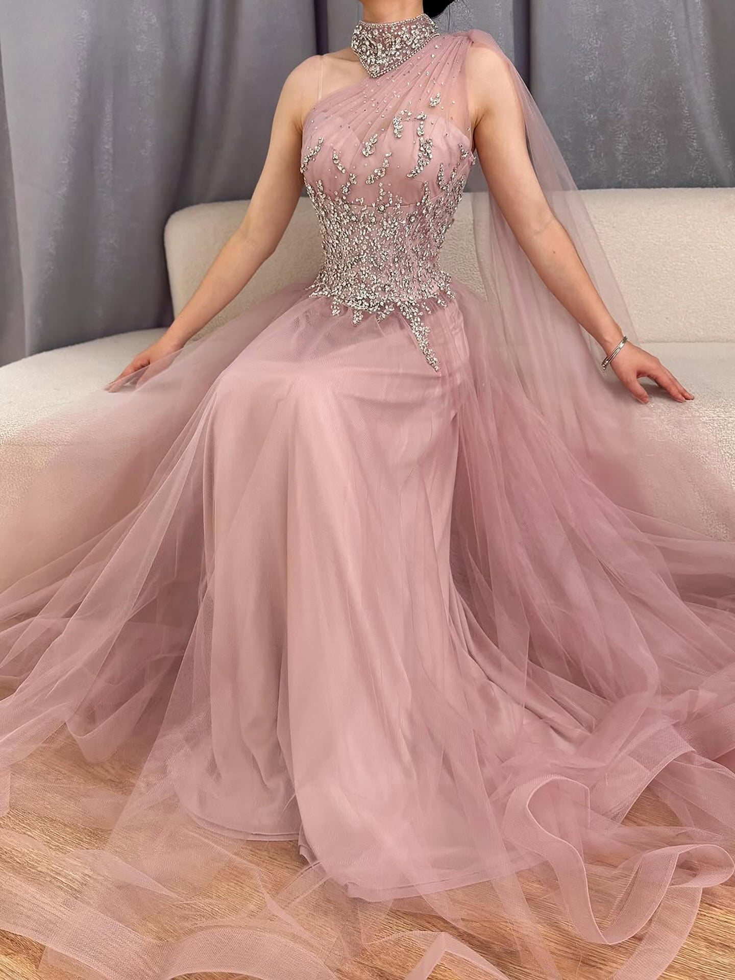 Luxury Nude A Line One Shoulder Beaded Evening Dress LA73154 - SERENE HILL