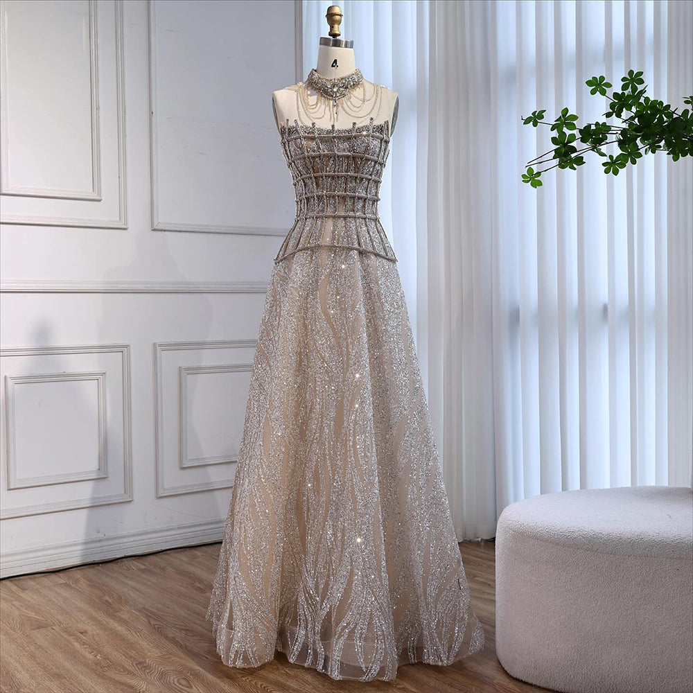 Luxury Nude Beaded A-Line Evening Dress for Women Formal Occasion LA73163 - SERENE HILL