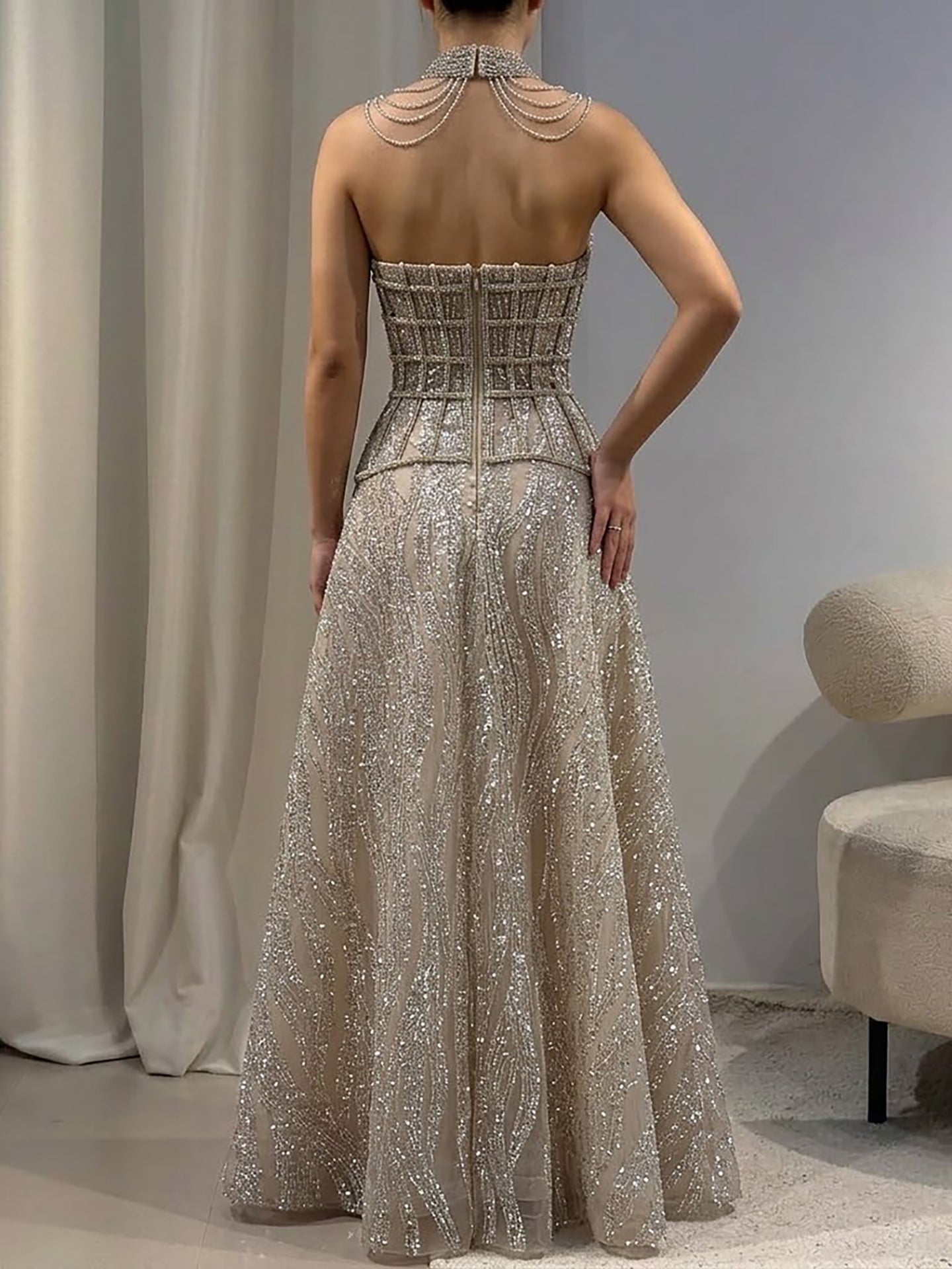 Luxury Nude Beaded A-Line Evening Dress for Women Formal Occasion LA73163 - SERENE HILL