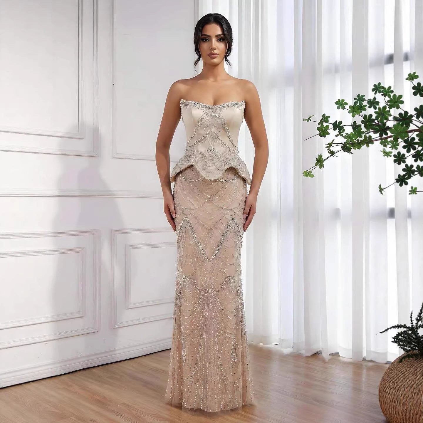 Luxury Nude Beaded Mermaid Evening Dress LA73166