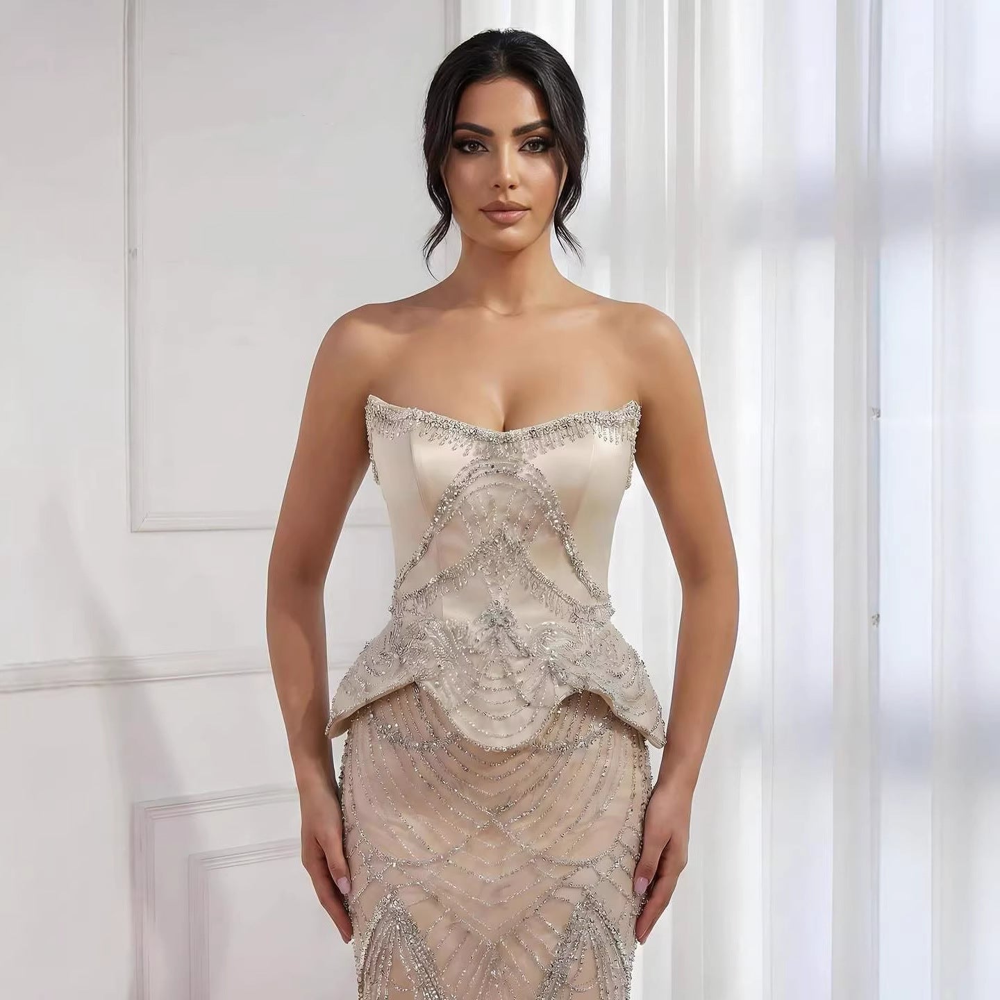Luxury Nude Beaded Mermaid Evening Dress LA73166