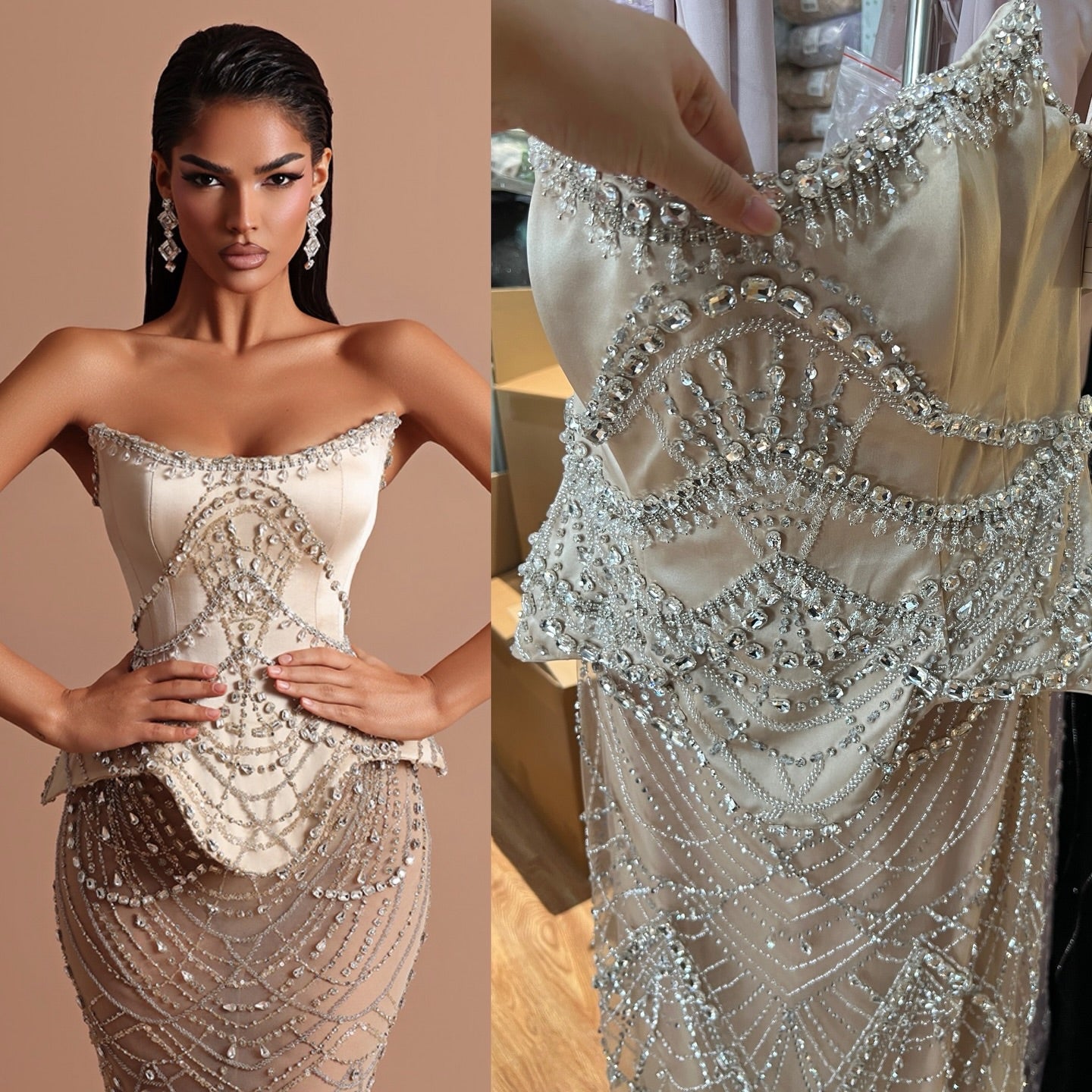 Luxury Nude Beaded Mermaid Evening Dress LA73166