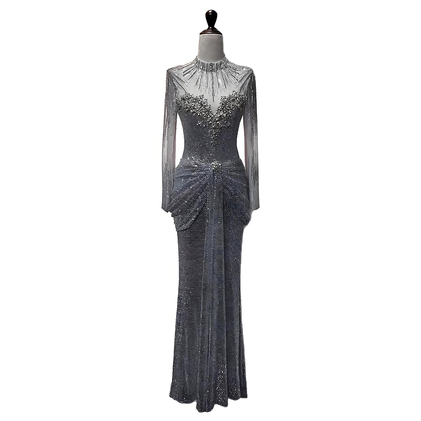 Luxury Silver Crystal Beaded Long Sleeve Evening Dress LA73167 - SERENE HILL