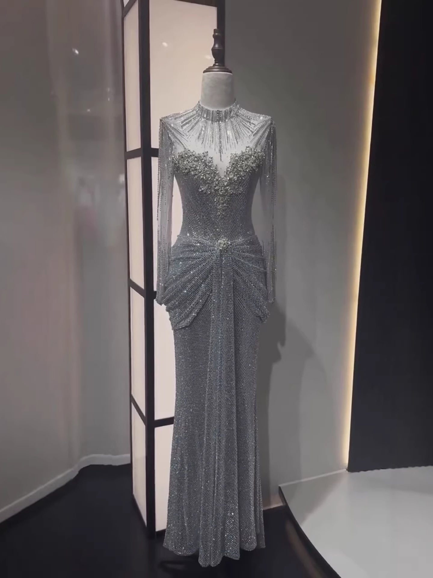Luxury Silver Crystal Beaded Long Sleeve Evening Dress LA73167 - SERENE HILL