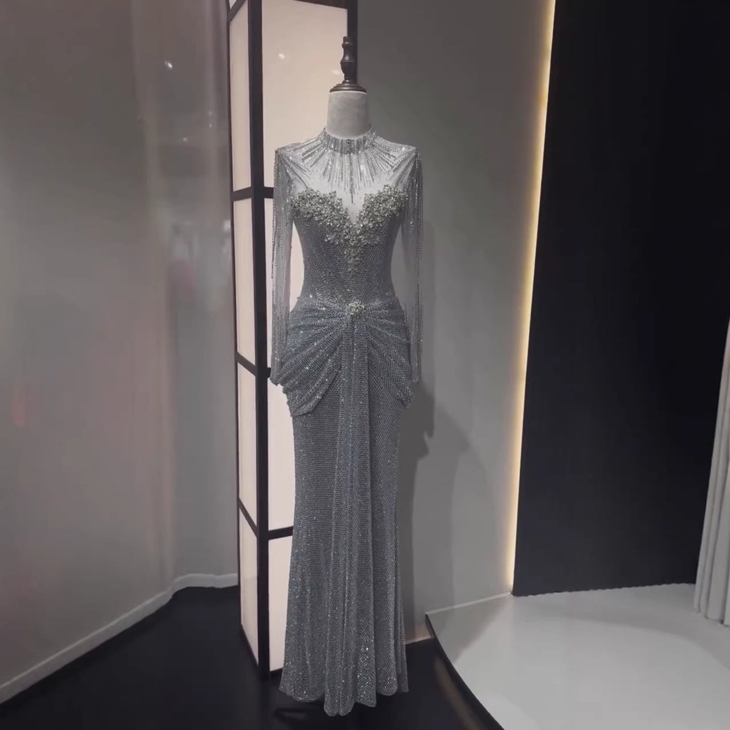 Luxury Silver Crystal Beaded Long Sleeve Evening Dress LA73167 - SERENE HILL