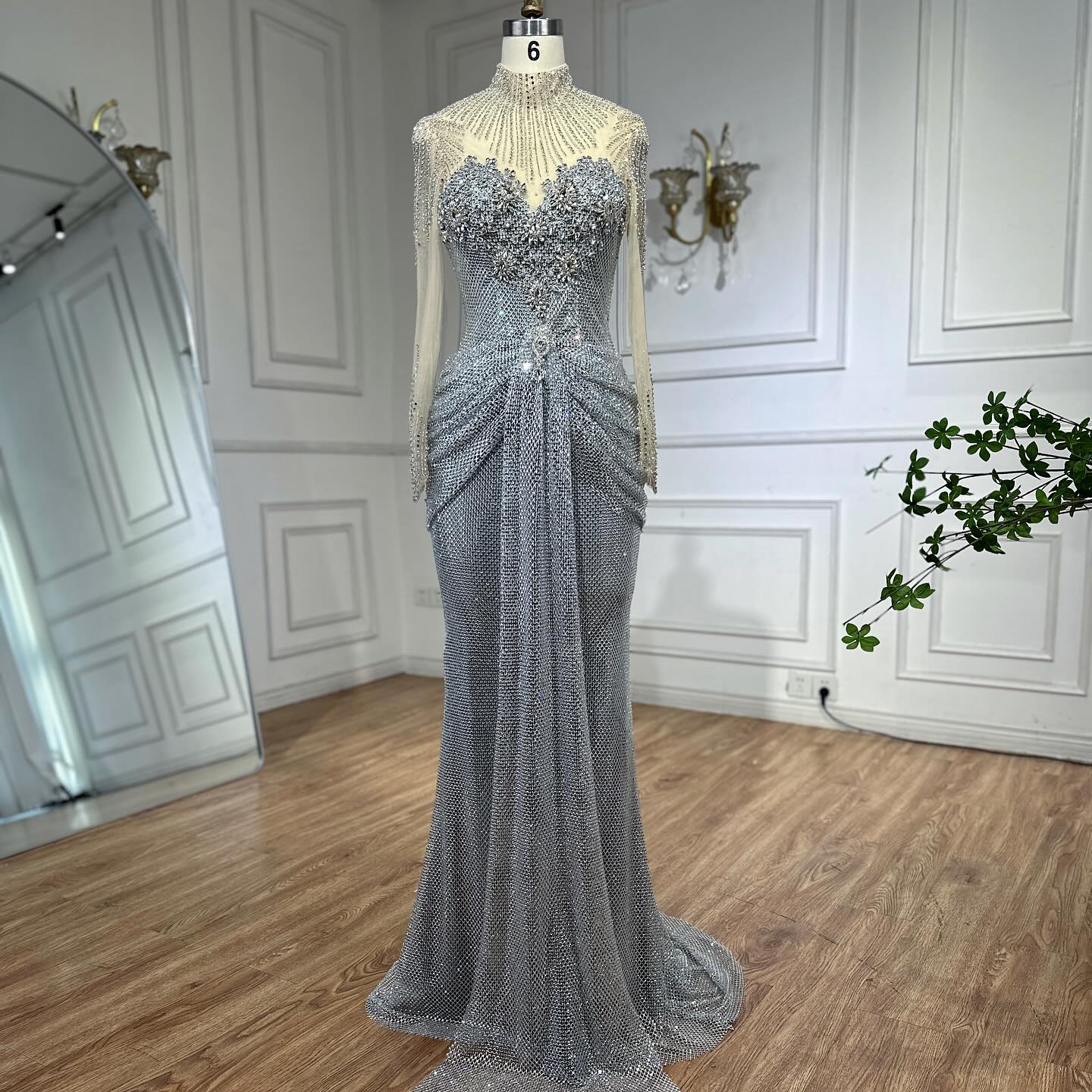 Luxury Silver Crystal Beaded Long Sleeve Evening Dress LA73167 - SERENE HILL