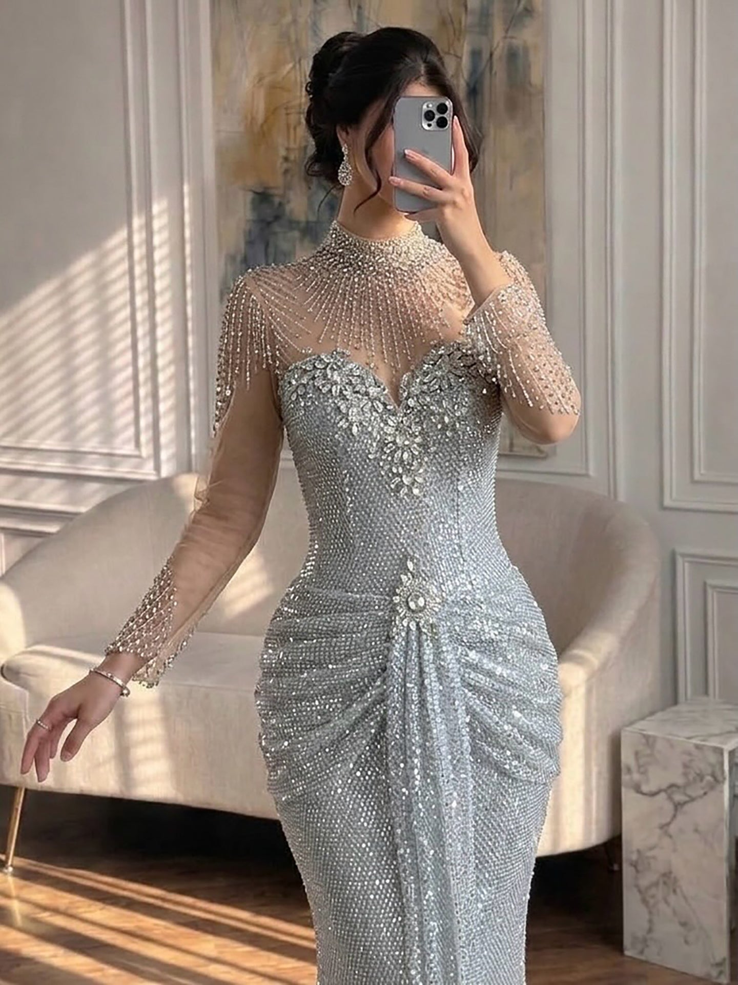 Luxury Silver Crystal Beaded Long Sleeve Evening Dress LA73167