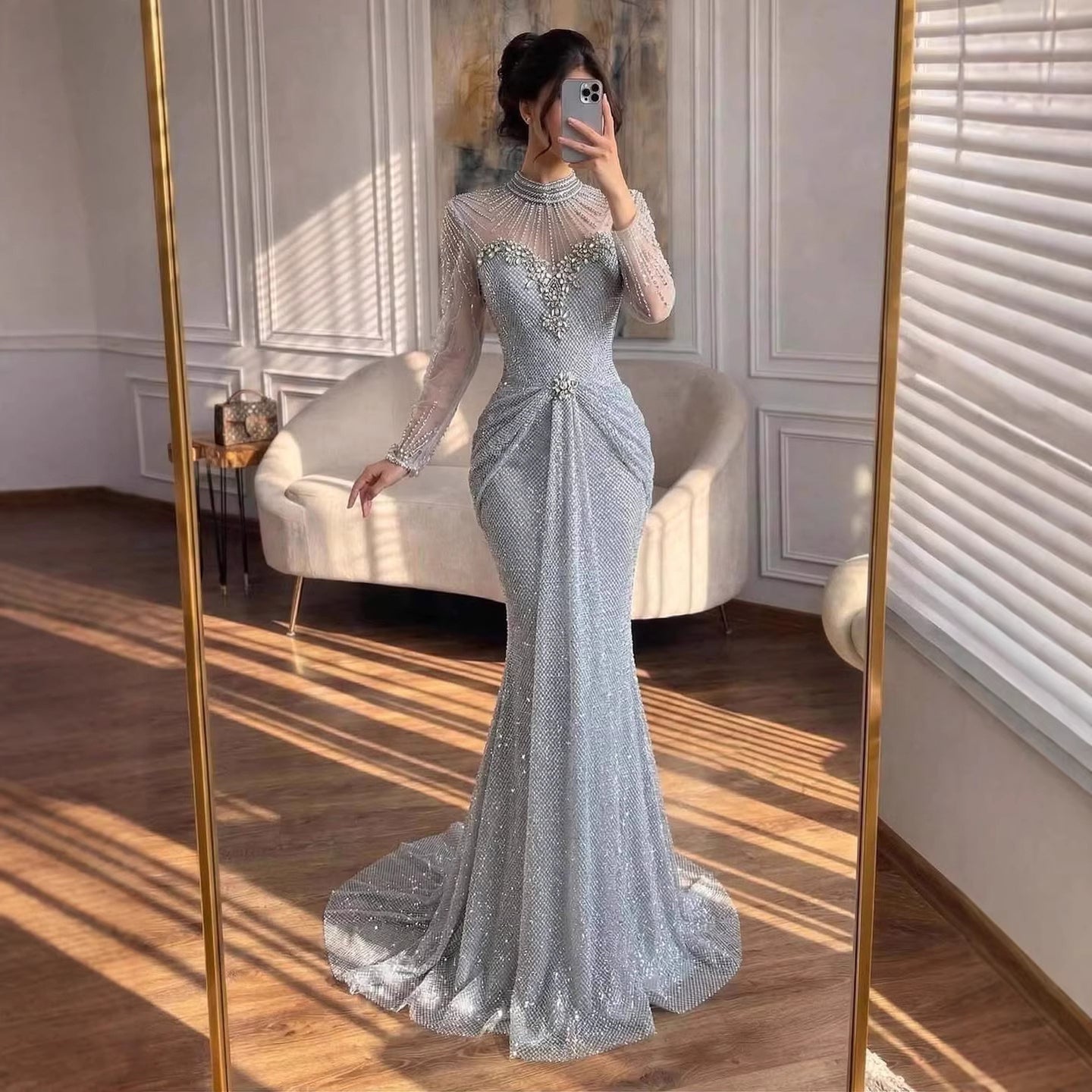 silver beaded maxi dress Luxury Crystal Long Sleeve Evening LA73167B Silver / 8 sculptural contrast