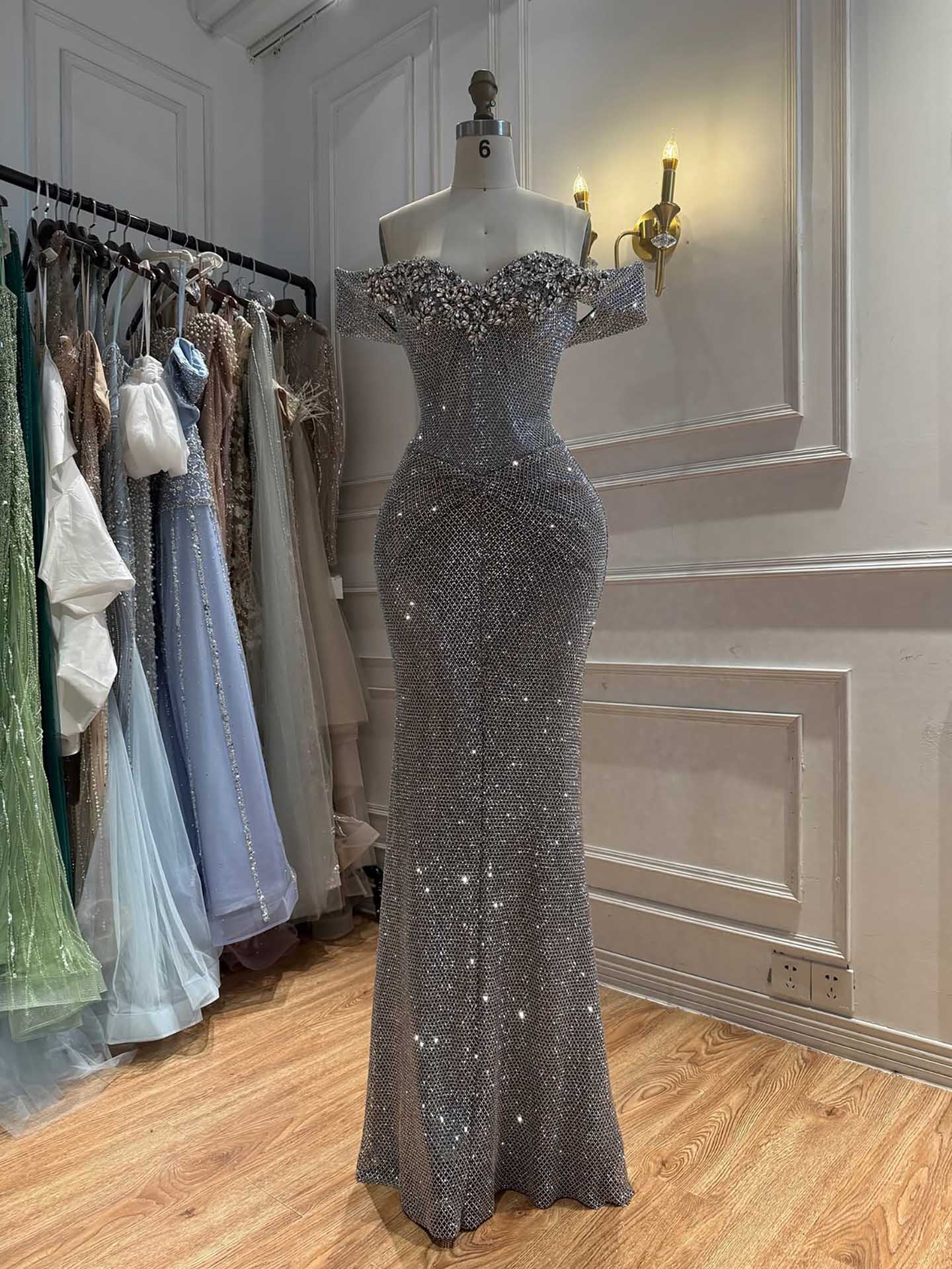 Luxury Gold Off-Shoulder Deep V Crystal Beaded Mermaid Dress LA73167D