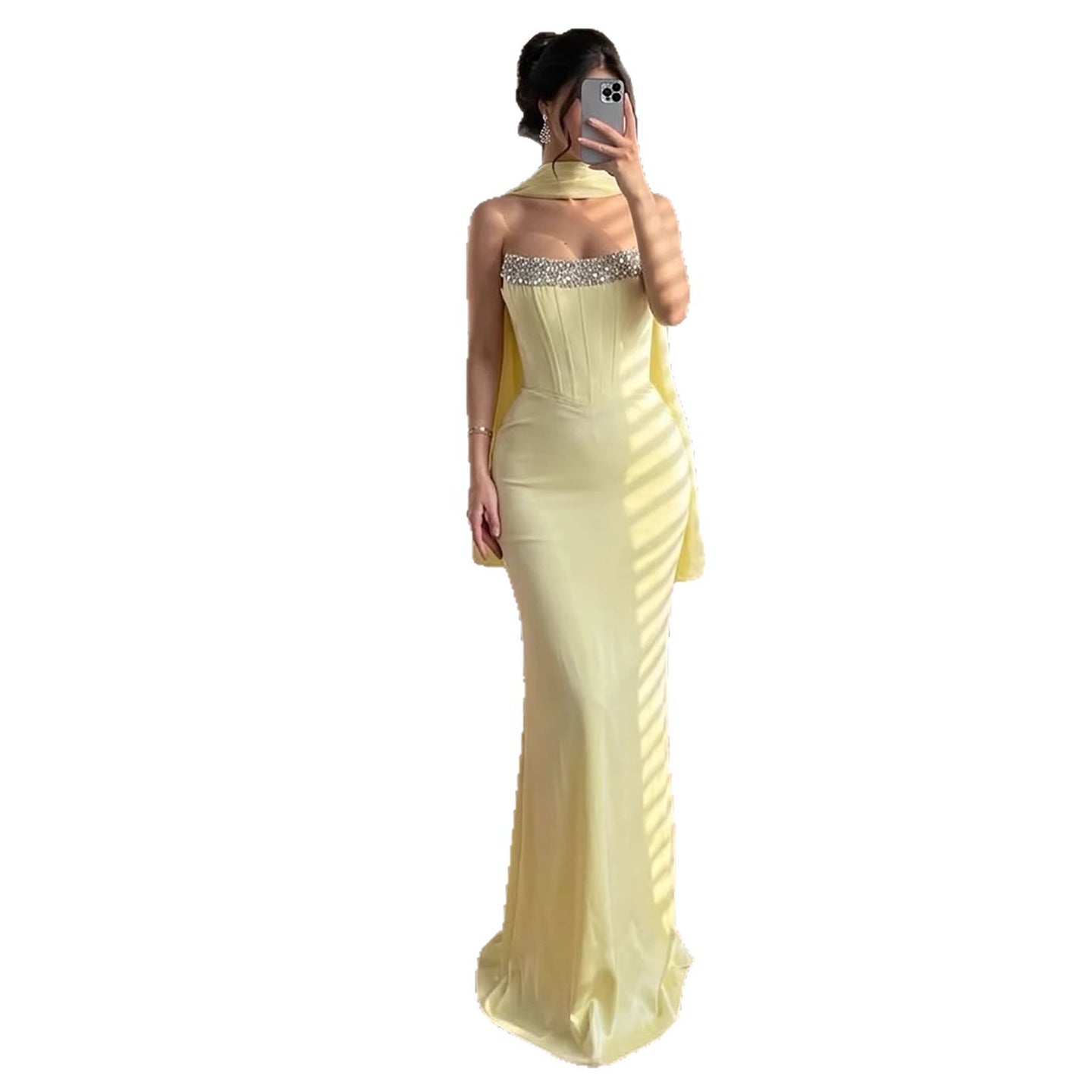 Luxury Yellow Crystal Beaded Mermaid Luxury Evening Dress Elegant LA73175A