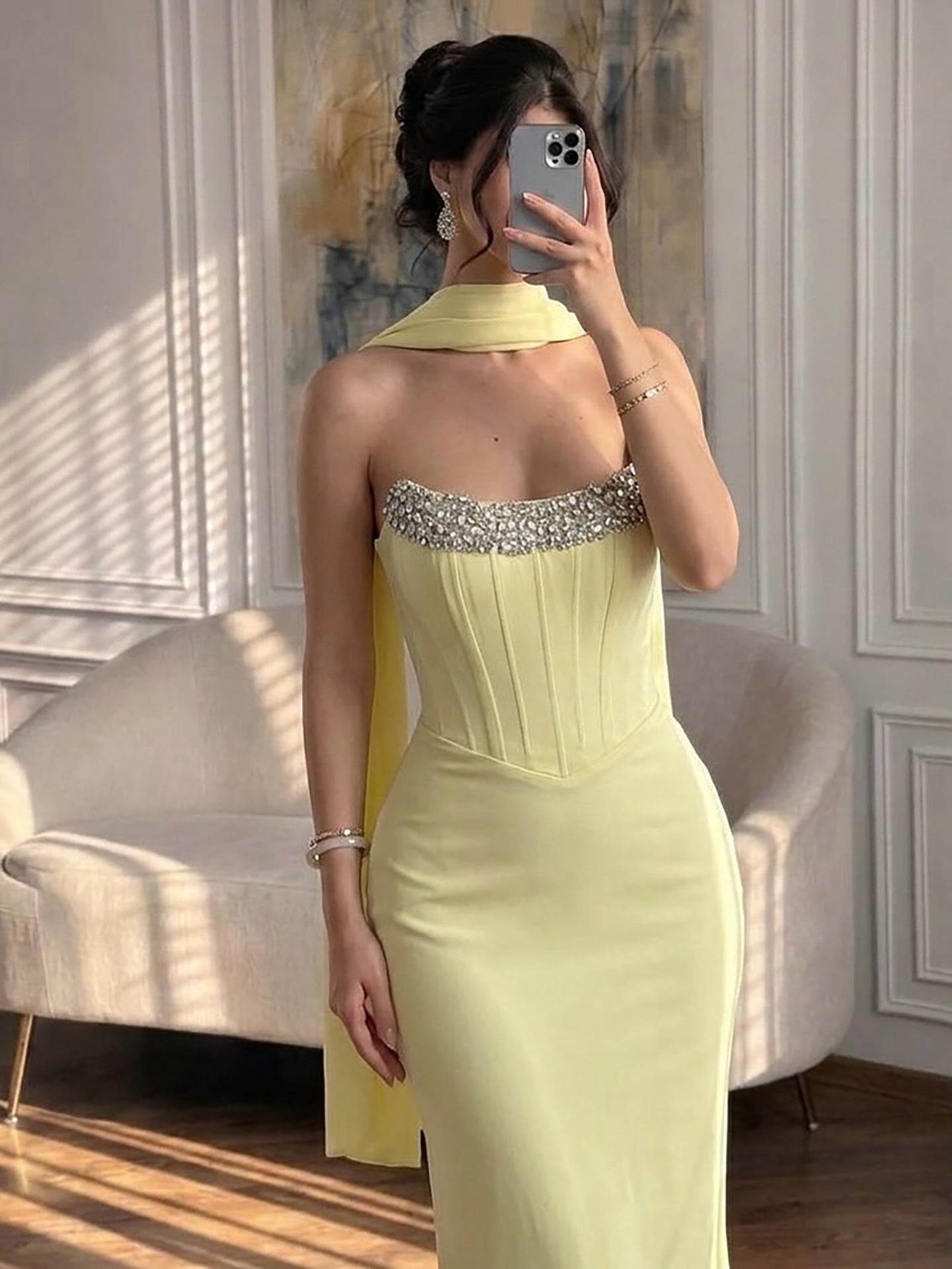 Luxury Yellow Crystal Beaded Mermaid Luxury Evening Dress Elegant LA73175A