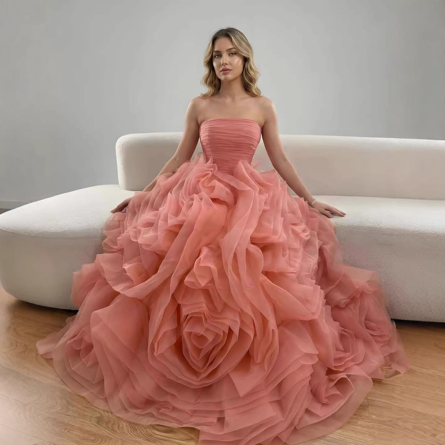 Luxury Purple 3D Rose Flower Strapless Princess Evening Dress LA73176