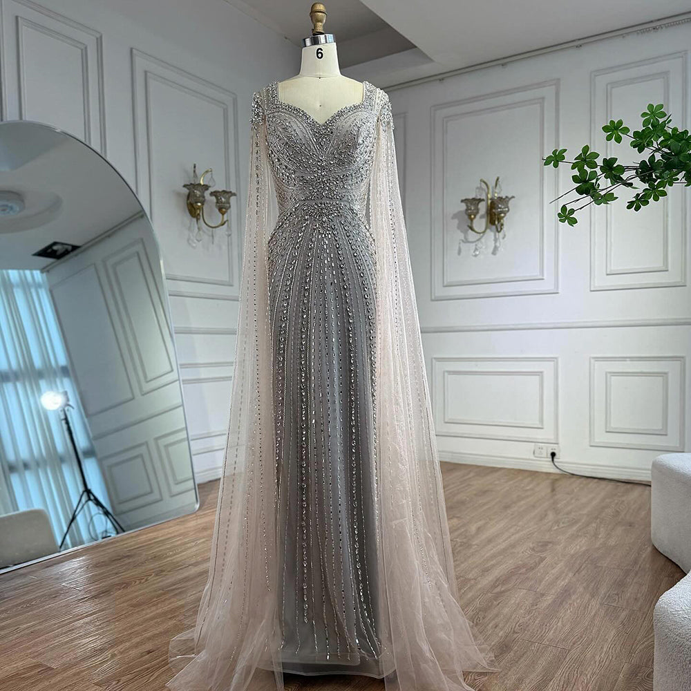 Luxury Arabic Nude Beaded Evening Dress with Cape Sleeves LA73181