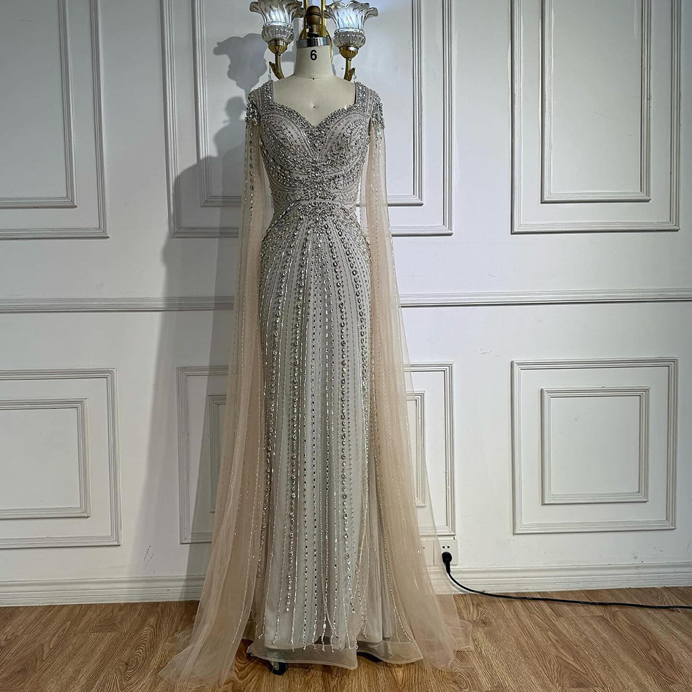 Luxury Arabic Nude Beaded Evening Dress with Cape Sleeves LA73181