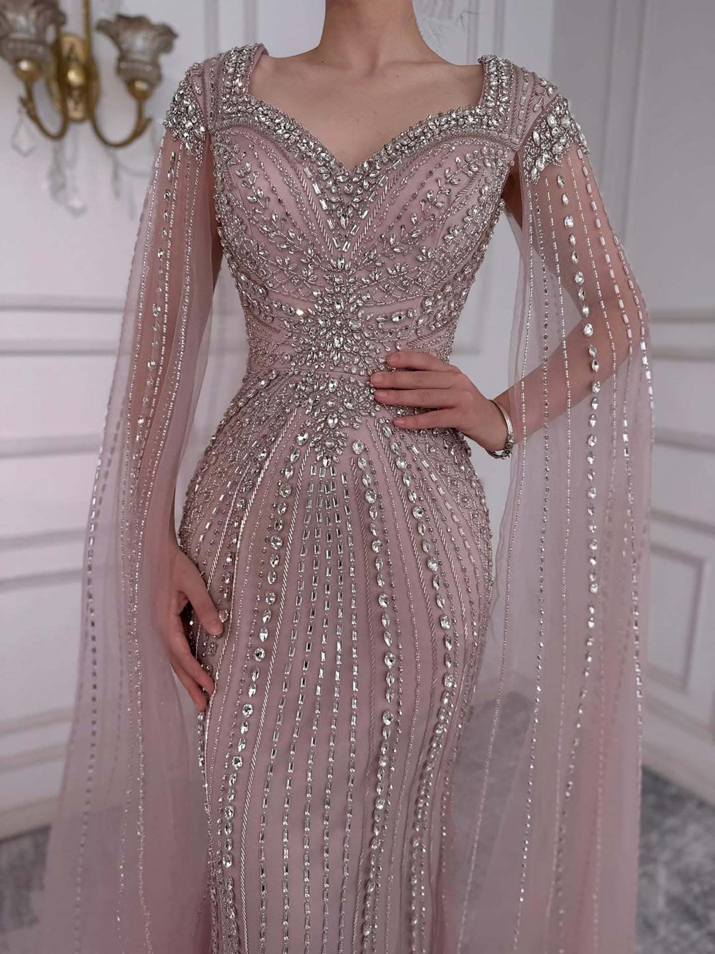 Luxury Arabic Nude Beaded Evening Dress with Cape Sleeves LA73181