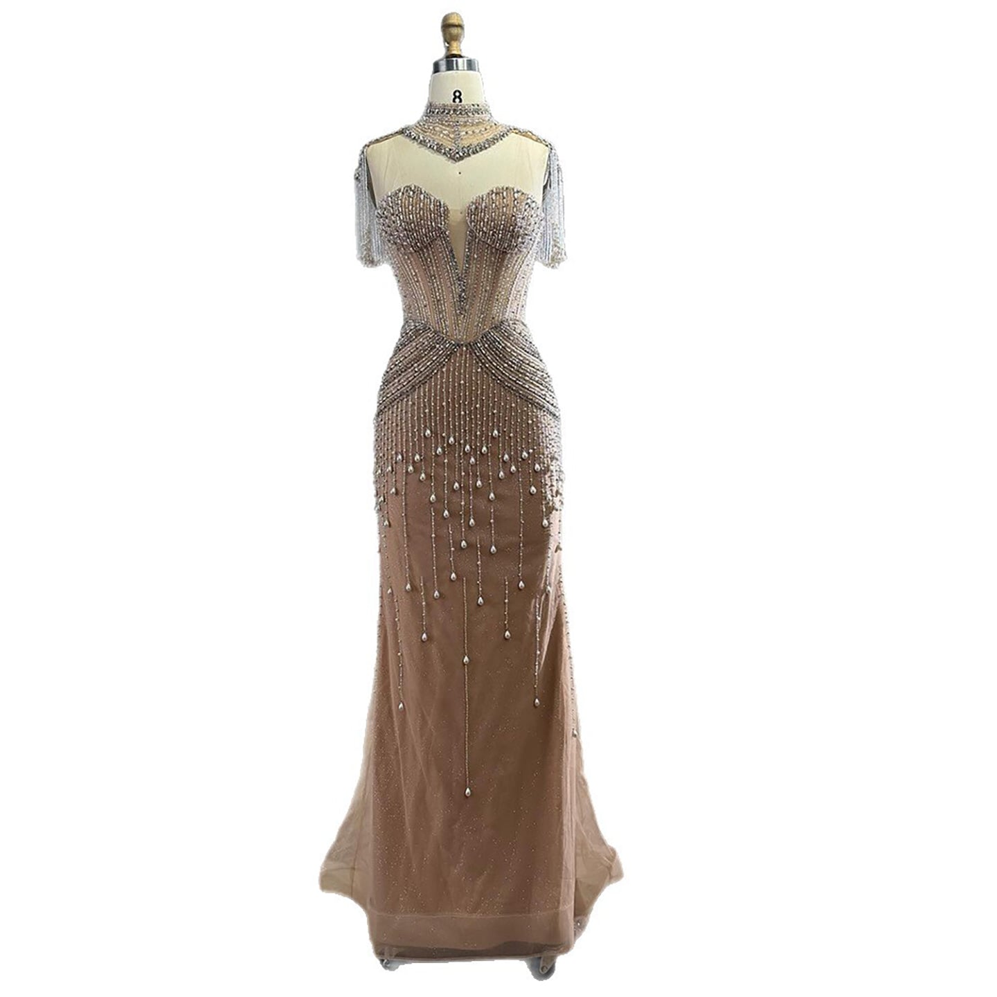 Luxury Nude Pearl Beaded Tassel Mermaid Evening Dress LA73183 - SERENE HILL