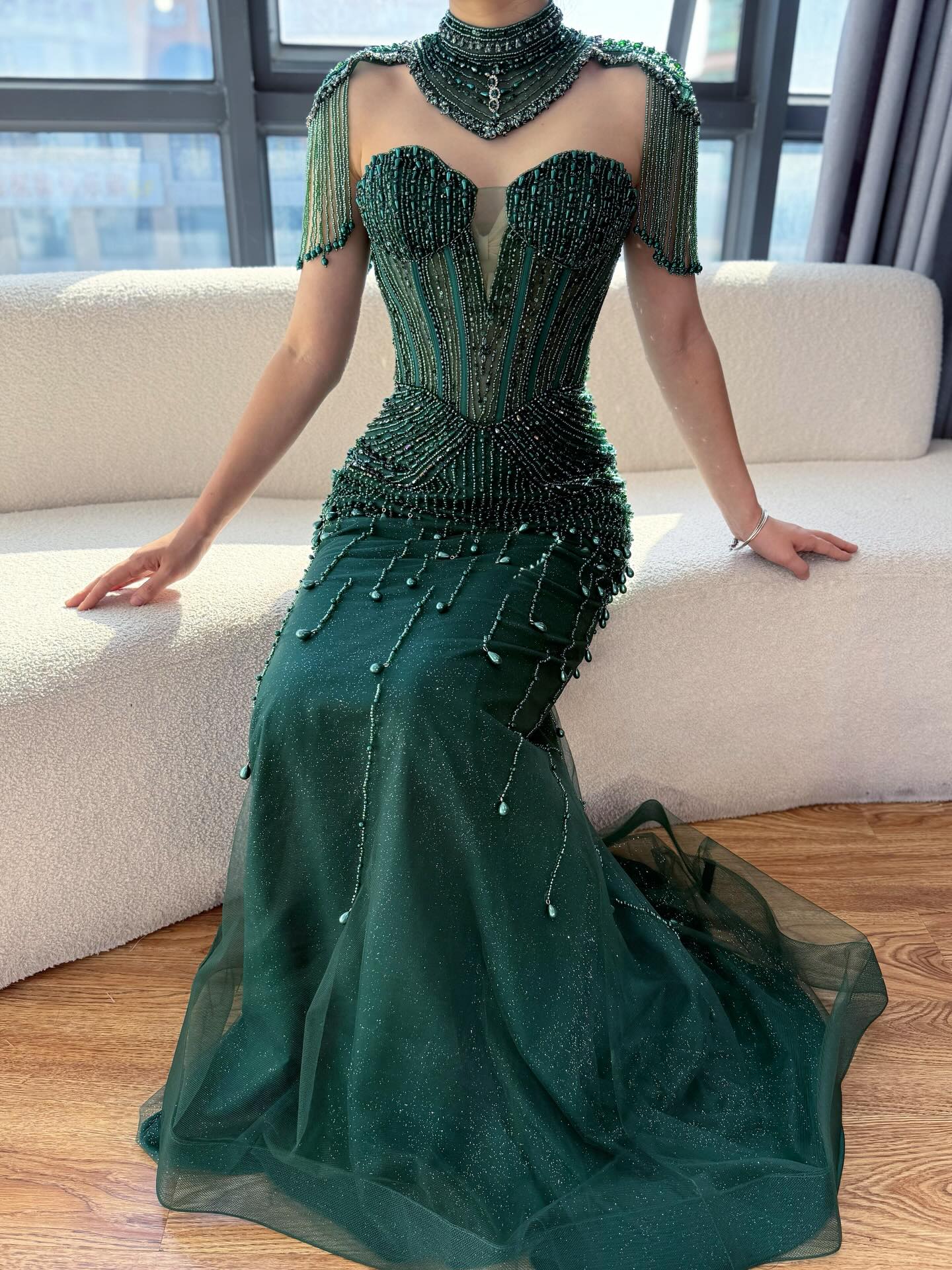 Luxury Nude Pearl Beaded Tassel Mermaid Evening Dress LA73183 - SERENE HILL