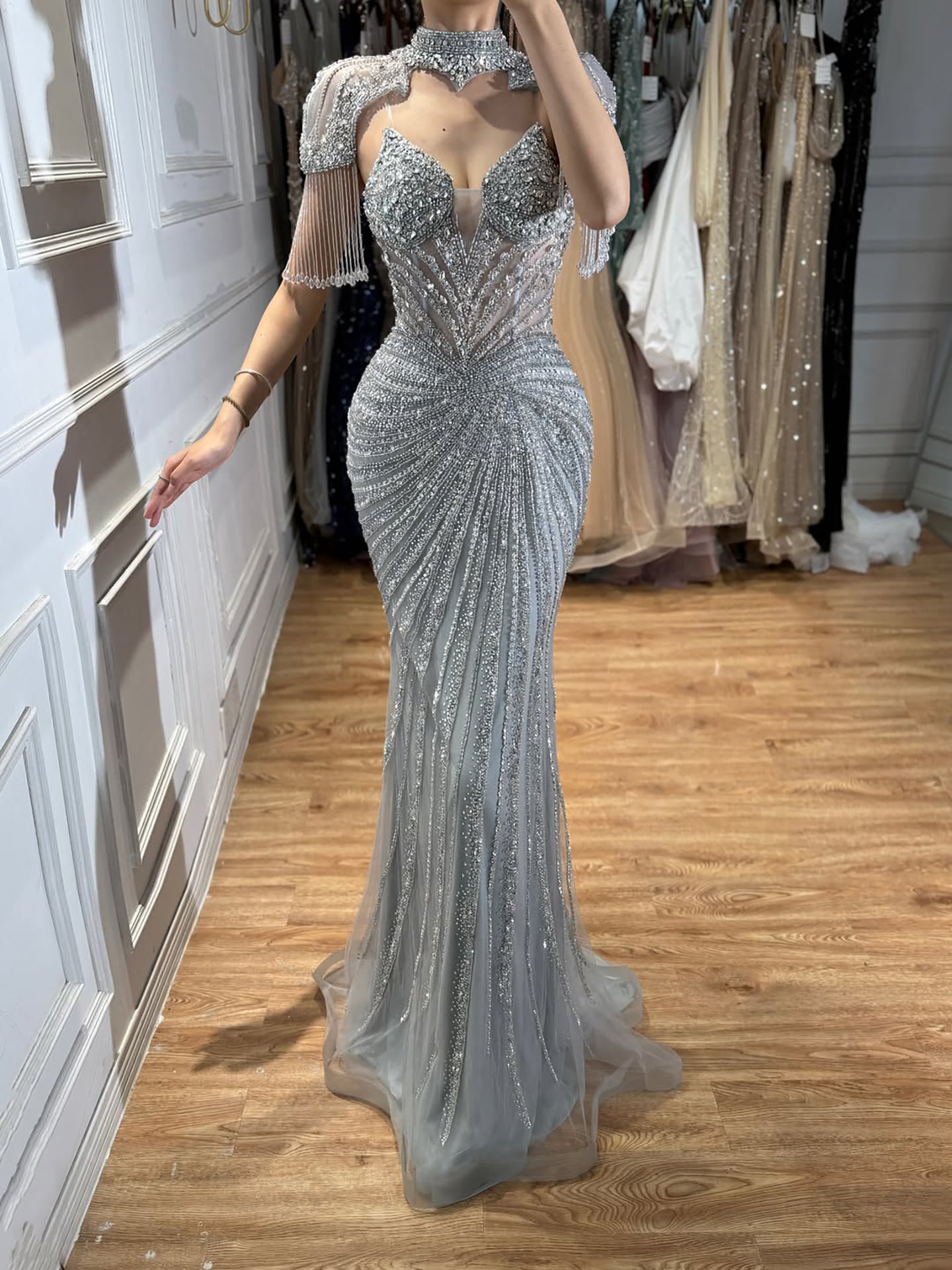 Luxury Nude Beaded Tassel Mermaid Evening Dress LA73184A SERENE HILL