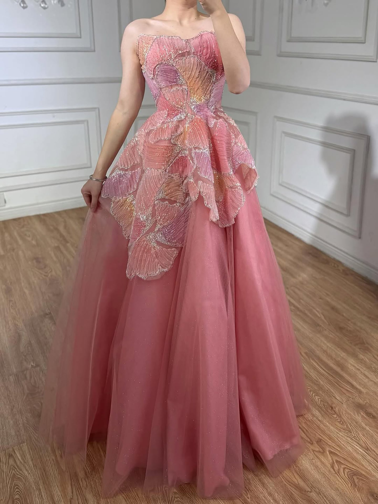Luxury Peach Floral Appliqué A-Line Sparkly Evening Dress LA73185 - SERENE HILL